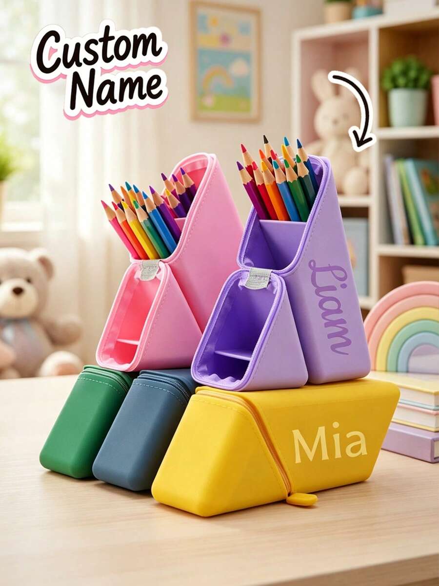 Personalized Pencil Case, Customized Name Stationery Bag, Customized Name Pencil Bag, Washable Upright Silicone Pencil Bag, Jelly Pencil Bag, Silicone Zipper Bag, Back To School Gift - Multicolor - View 1
