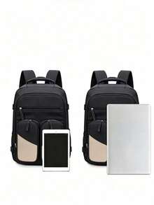 Women's Colorblock Nylon Multi-Pocket Casual Backpack, Suitable For School, Travel, Work (Back To School Backpack) - Black - View 3