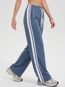 KyrLssu Women's Drawstring Elastic Waist Wide Leg Sweatpants, Side Double Stripes, Loose Casual Pants, Suitable For Daily Streetwear And Light Exercise - Navy Blue - View 1