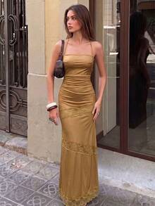 Women's Lace Patchwork Ruffle Elegant Waist Banquet Dress With Spaghetti Strap Wedding Party - Gold - View 4
