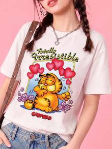 SHEIN | Garfield 女款愛心花卉可愛卡通標語印花圓領T恤，寬鬆休閒街頭風短袖上衣，適合約會、情人節及日常穿著 - 白色 - 查看 6