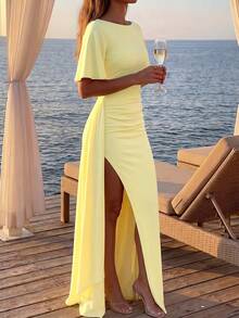 Round Neck Short Sleeve Ruched Waist Slim Fit Long Dress Elegant Formal Party Dress - Yellow - View 2