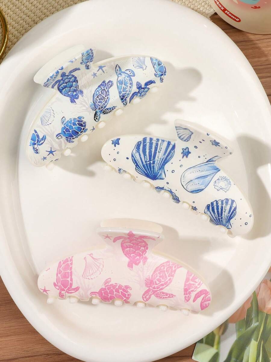 3件組 PC材質藍色與粉色海洋貝殼與海龜印花半圓形抓夾套組，後頭髮髻半紮髮造型，瀏海與散髮整理，清新春季浪漫甜美溫柔活力氛圍，海洋海灘度假旅行主題派對下午茶野餐髮飾