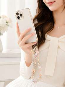 1pc Milk Tea Crystal Flower Phone Lanyard, Embossed Heart Mini Mushroom Wrist Strap - Multicolor - View 3