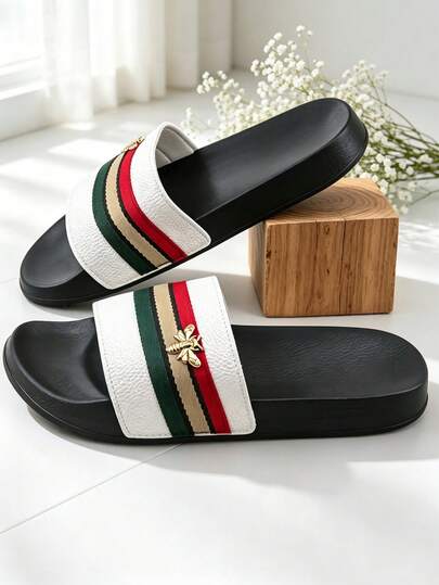 1 par de chanclas clásicas de rayas multicolor con icono de abeja, suela blanda, Q-Bounce, ligeras y transpirables, adecuadas para interiores, exteriores, playa y escenarios de arena