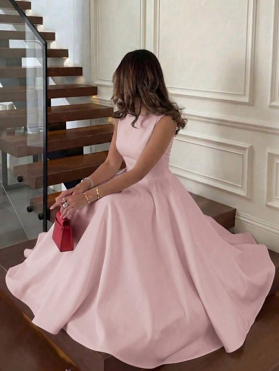 Elegant Casual Minimalist French Style Sleeveless Backless Cinched Waist Flared Dress, Suitable For Campus, Daily, Date, Vacation, Commute, Holiday Party Outfits - Pink - View 1