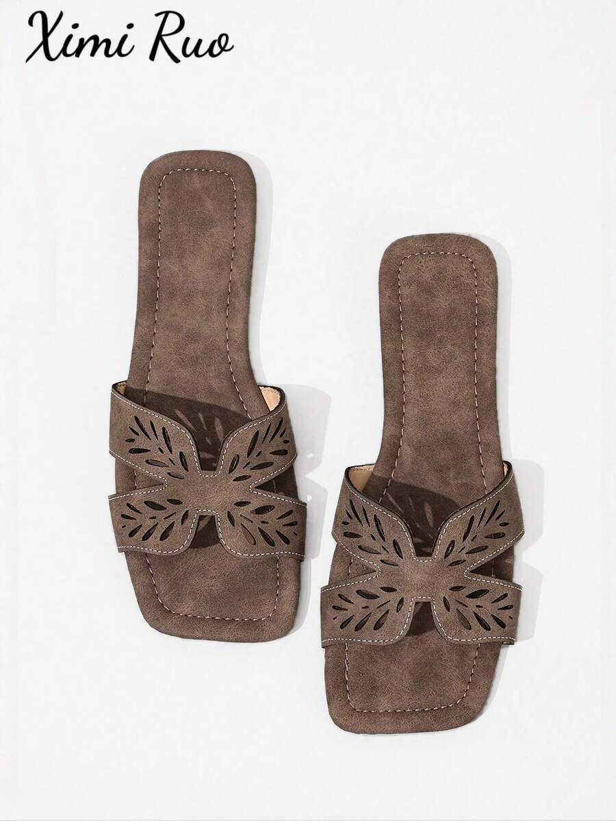 Ximi Ruo Nuevas sandalias de moda casual de primavera/verano con una correa, cómodas sandalias planas de punta redonda y diseño minimalista versátil - Café integral - Ver 1