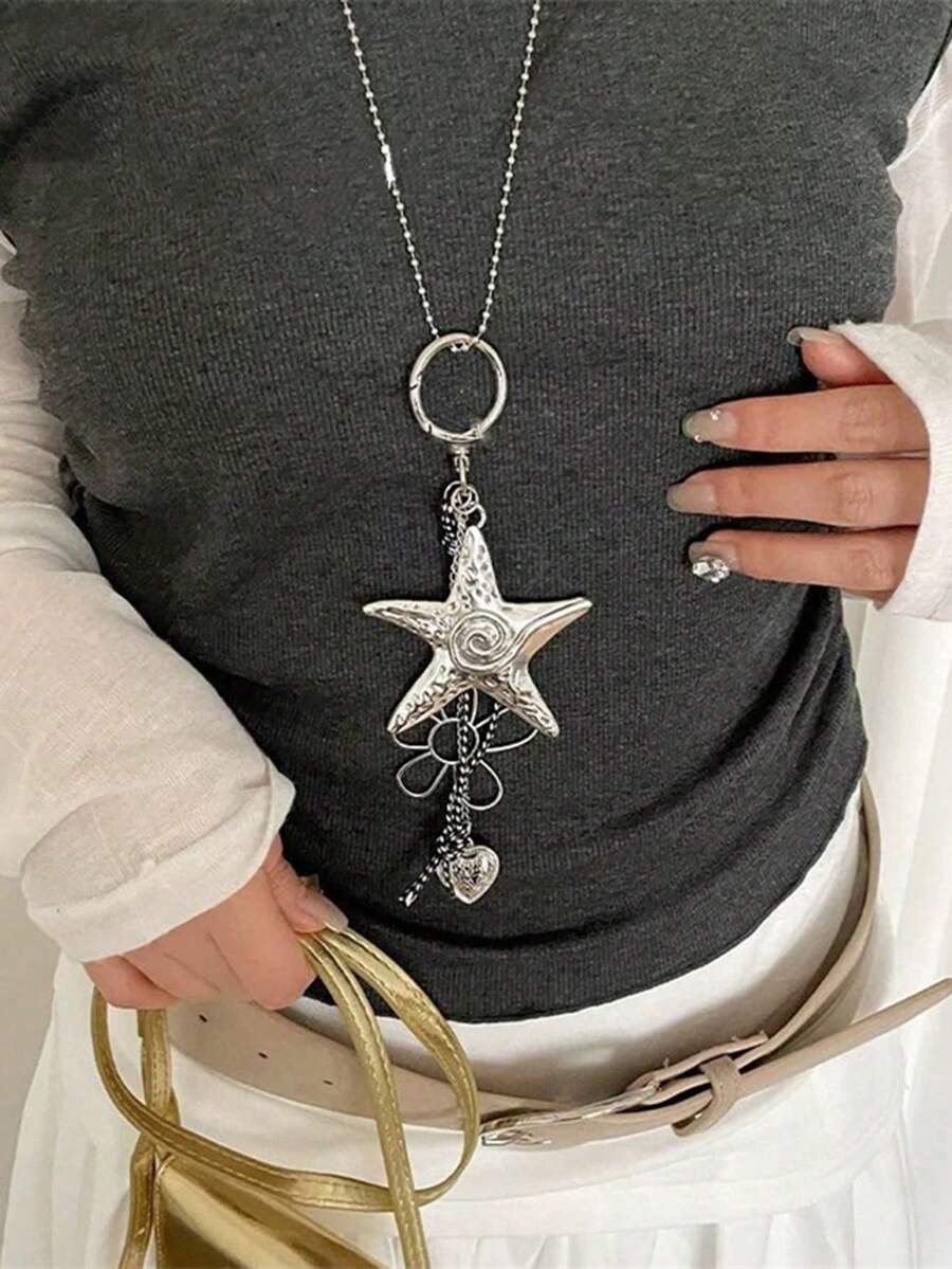 1 buah Kalung Panjang Liontin Bintang Laut, Bunga & Hati Perak, Kalung Choker Desain Unik, Aksesori Dekorasi Gaya Y2K - Perak - View 1