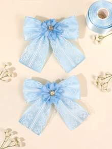 2 Stücke blaue Spitzen-Schleifen-Haarspangen für Mädchen, mit Blumen & Strass verzierte Haarspangen, exquisite kurze Krokodil-Clips, süß, niedlich, Prinzessin, Mode, minimalistische Haarspangen, Hochzeit, Alltag, Geschenk Haarspangen, Teenager Haaraccessoires - Blau - Übersicht 9