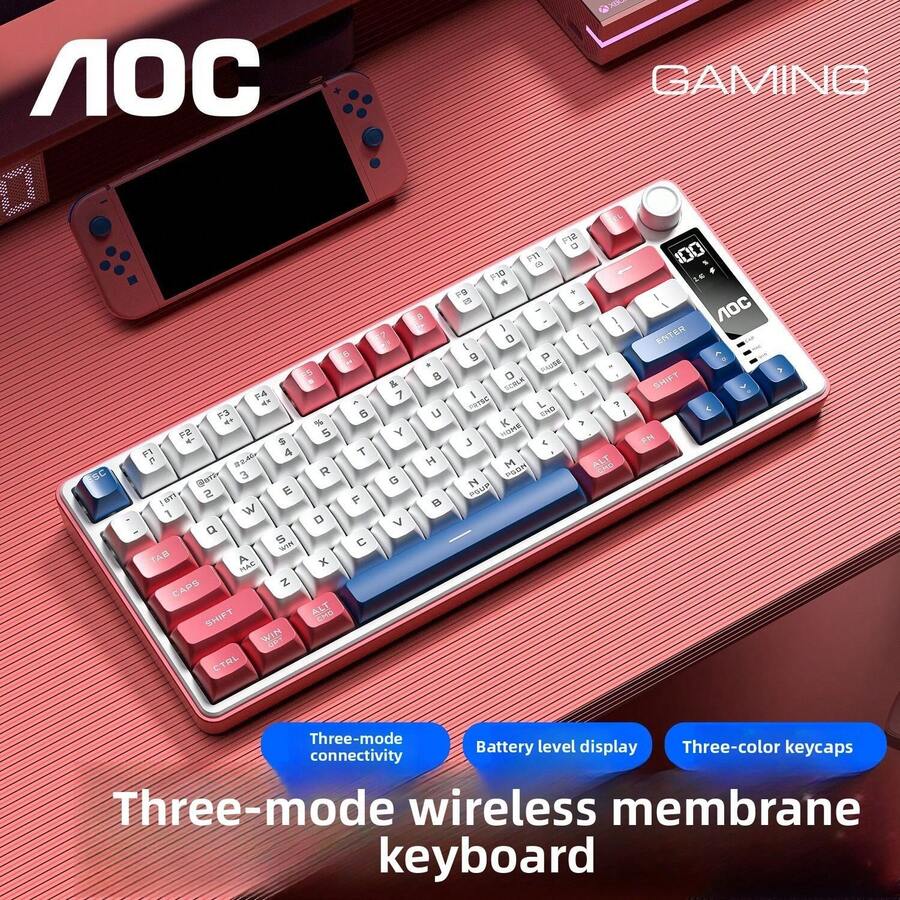 Keyboard Gaming AOC GK320 dengan Layar, Tri-Mode Nirkabel Bluetooth Berkabel, Nuansa Mekanik, Kompatibel dengan PC Laptop Mac, Keyboard Berwarna-warni 99 Tombol