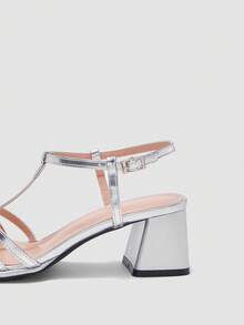 Women's Silver High Heel Pumps, Thick Heel Open Toe Party Heels, Wedding Shoes 7cm, Formal Dress Shoes, Slip-On Pointed Toe Sandals - Silver - View 4