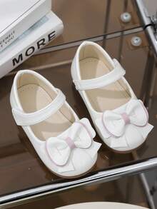 Girls Baby Pink Trim Double Layer Bow White Glossy Mary Jane Flat Shoes With Hook And Loop Strap, Suitable For Party Wear - White - View 1