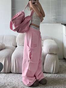 女款秋季休閒口袋設計長褲，學院風穿搭，適合辦公室、居家、運動、日常生活與通勤 - 粉色 - 查看 4
