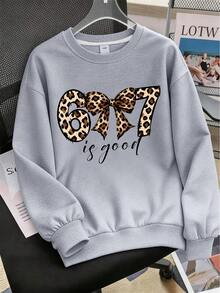 3pcs Set: Girls' Designer Leopard Print Creative Bow Apricot Sweatshirt, Leopard Print Cherry Black Sweatshirt, Leopard Print Bow 67 Grey Crew Neck Sweatshirt - Summer Fashion Comfortable Outfit - Multicolor - View 6