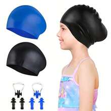 Gorro de natación (2 piezas), Gorro de natación unisex para cabello largo--Gorro de natación de silicona, Adecuado para cabello largo, Adecuado para niños y adolescentes de 5-15 años, Gorro de natación impermeable y duradero, Gorro de baño impermeable con protección para los oídos, Mantiene el cabello seco - Multicolor - Ver 9