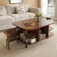 Coffee Table, Side Table, Curved Shape, Woven Surface, MDF Body, Metal Handles, Metal Legs, Storage Space, Living Room Table - 核桃 - 查看 4