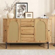 Oval Sideboard With Rattan, Sliding Doors, Doors And Drawers, Adjustable Compartments, Wood Look, Metal Legs, Multifunctional Storage Cabinet - 自然色 - 查看 11