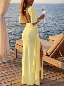 Round Neck Short Sleeve Ruched Waist Slim Fit Long Dress Elegant Formal Party Dress - Yellow - View 4
