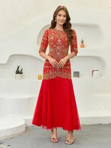 JINLICX Vestido de noche de lujo rojo y dorado con cristales, cuentas y bordado para boda y banquete - Rojo - Ver 4
