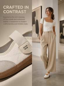 Vintage Ballet Style Mary Jane Flat Shoes, Beige & Grey Colorblock Rubber Anti-Slip Sole Slip-On Casual Sneakers - Beige - View 2