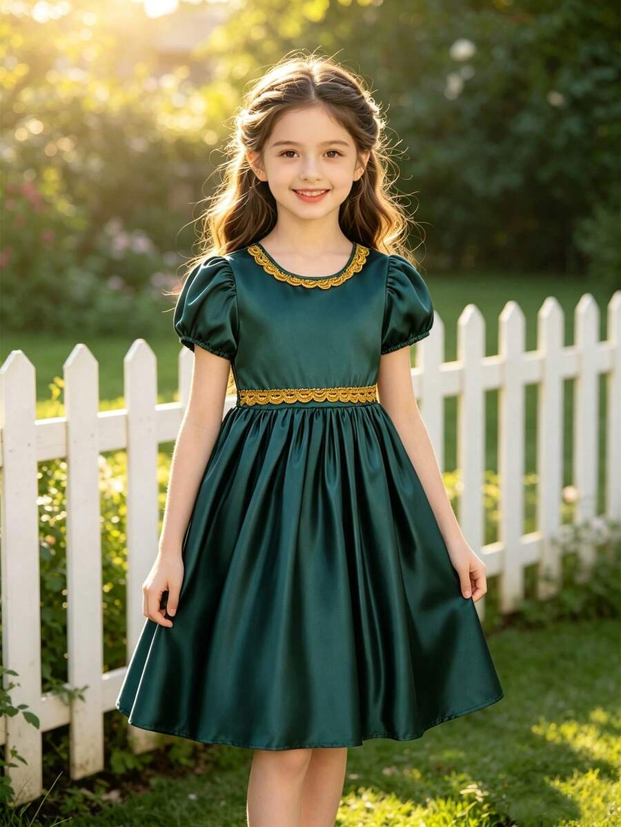 Young Girls Satin Puff Sleeve Dress, Olive Green With Gold Trim Waist Princess Party Dress - Dark Green - View 1