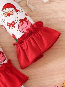 Autumn/Winter Christmas Themed Full Print Girls Cake Dress, Santa Claus Reindeer Gingerbread Man Print Color Block Red Ruffle Hem Trumpet Long Sleeve Multi-Layer Lace Children Holiday Princess Dress - Red - View 5