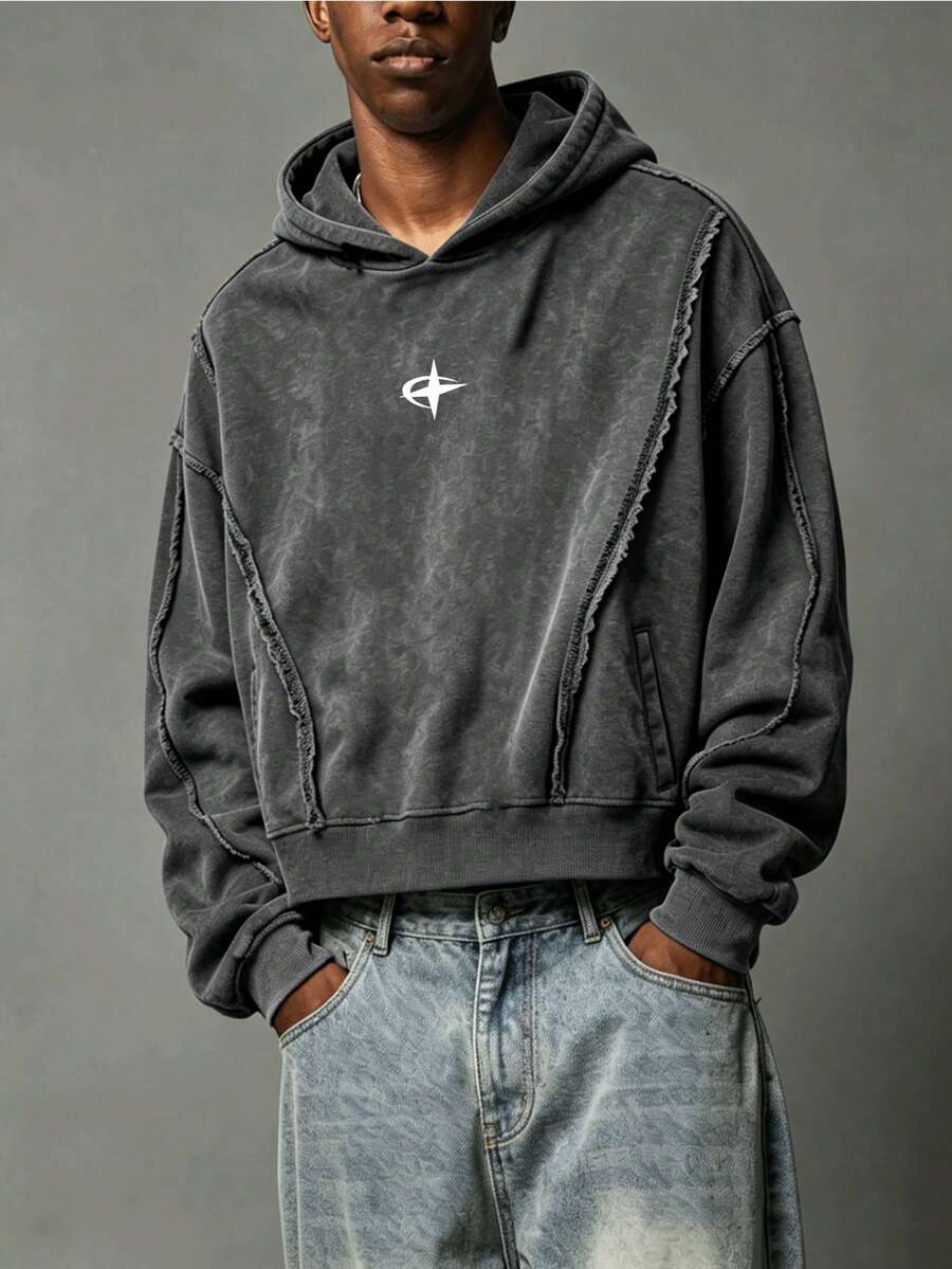 Men's Autumn/Winter American Vintage Style Printed Pattern Heavyweight Washed Distressed Hoodie - Black - View 1
