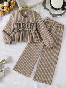 Left Mama Girls Casual Minimalist Bowknot Striped Long Sleeve Top & Straight Leg Pants Set, Spring/Autumn - Brown - View 2