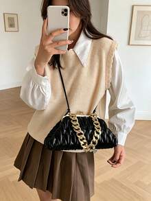 1件裝黑色時尚百褶扣飾晚宴包，女款手提包、鏈條包、斜跨單肩包 - 黑色 - 查看 4