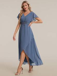 EVERPRETTY Elegante vestido de novia de la madre con escote en V y busto fruncido en color azul empolvado, vestido formal para invitada de boda de jardín, cena y ocasión - Neblina azul - Ver 4