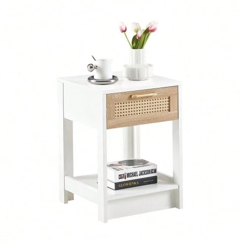 Rattan Side Table With Drawer, Modern Bedside Table, Side Table For Living Room, Bedroom, Natural Wood Look - H55/W40/D40 Cm - 白色 - 查看 1