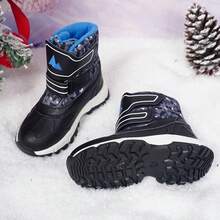Kids Winter Thermal Lined Snow Boots Boys, Double Hook & Loop Anti-Slip Thick Sole Mid-Calf Warm Snow Boots - Black - View 12