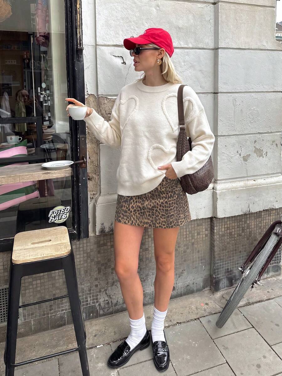 Slouchy Oversized Knitted Jumper With 3D Heart Design, Women's Chic Crew Neck Drop Shoulder Long Sleeve Ribbed Pullover For Back To School Aesthetic - Apricot - View 1
