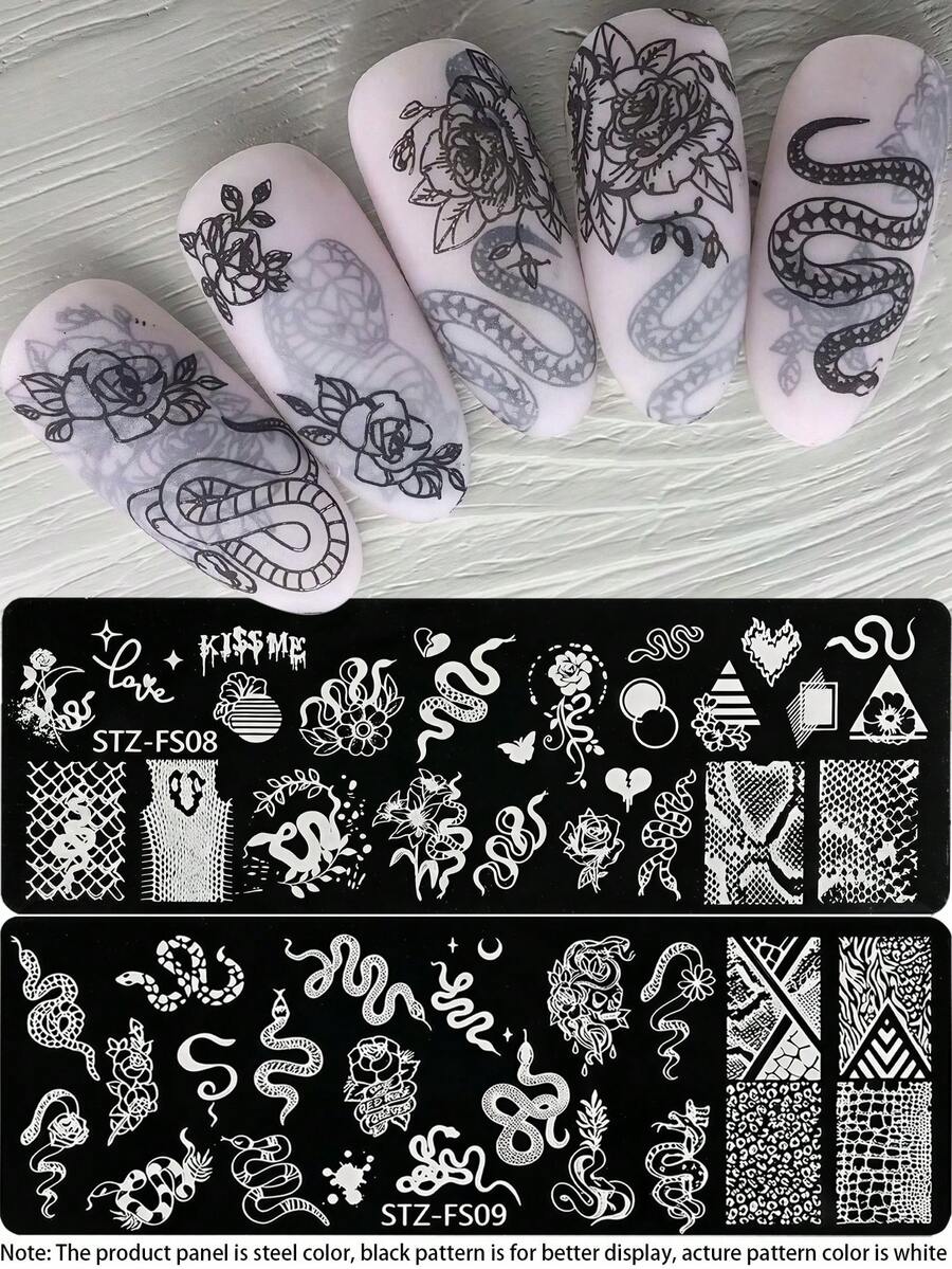 2pcs Halloween Skull Rose Nail Stamping Plate, Stainless Steel Nail Art Template With Sugar Skull, Spider Web, Ghost, Pumpkin & Witch Pattern, Gothic Dark Nail Stamp Plate For Halloween DIY Salon Manicure Nail Supplies, Nail Accessories Tools - Silver - View 1