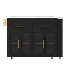 Mobile Kitchen Island/Kitchen Trolley With Wheels, Extendable Bar Table With Storage Space, Kitchen Cabinet With Glass Doors, Drawers And Shelf, White, 132.5-217 X 50 X 93 Cm - Black - View 8