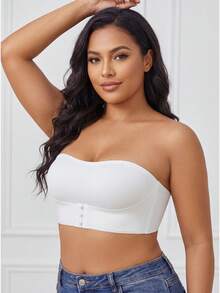1pc Plus Size Women's Solid Color Front Closure Bandeau Bra, Non-Slip Strapless Seamless Sexy Comfortable Wire-Free Thin Bra, Suitable For Cold-Shoulder, Spaghetti Strap Dress, Evening Gown And Other Outfits - White - View 2