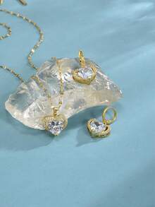 1pc Fashion Cubic Zirconia Heart Stainless Steel Women's Necklace, 1 Pair Fashion Cubic Zirconia Heart Stainless Steel Women's Earrings, Gold Necklace, Gold Earrings, Stainless Steel Jewelry, Gold Jewelry, Summer, Beach, Vacation Jewelry, Charm, Pride, Western Jewelry, Gift For Women, Gift, Birthday Gift - Yellow Gold - View 3