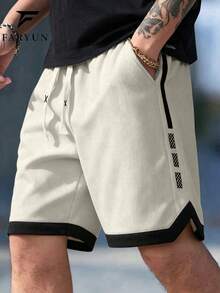 Men's Drawstring Waist Side Webbing Contrast Binding American Sports Style Loose Textured Casual Shorts, Daily Fitness Summer Style, Cream White - White - View 5