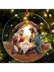 1 Stück 8cm*8cm Jesus Geburtsszene runder Acryl Dekorativer Anhänger, Auto Rückspiegel Dekoration Geschenk, Religiöses Geschenk für Familie und Freunde, geeignet für Ostern, Weihnachten, Alltag und Heimdekoration - Mehrfarbig - Übersicht 5