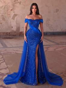 Faeriesty Elegant Women's Blue Sequin Off Shoulder Long Formal Evening Gown, With Slit And Beaded Design, Perfect For Balls And Evening Parties Wedding - Royal Blue - View 1