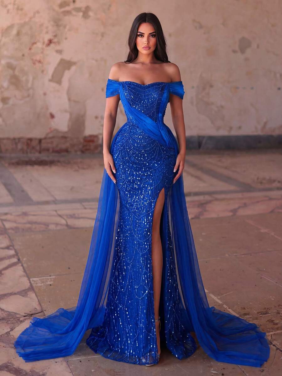 Faeriesty Elegant Women's Blue Sequin Off Shoulder Long Formal Evening Gown, With Slit And Beaded Design, Perfect For Balls And Evening Parties Wedding - Royal Blue - View 1