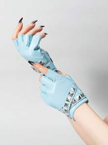 1 Pair New Rivet Design Spring/Autumn Sheepskin Half-Finger Leather Gloves Outdoor Cycling Leather Gloves Solid Color - Multicolor - View 15