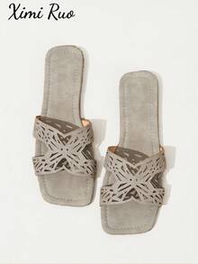 Ximi Ruo New Spring/Summer Fashion Casual Strap Slide Sandals, Comfortable Flat Heel Round Toe Slip-On Beach Slippers, Versatile Decorative Flat Sandals For Summer - Grey - View 1