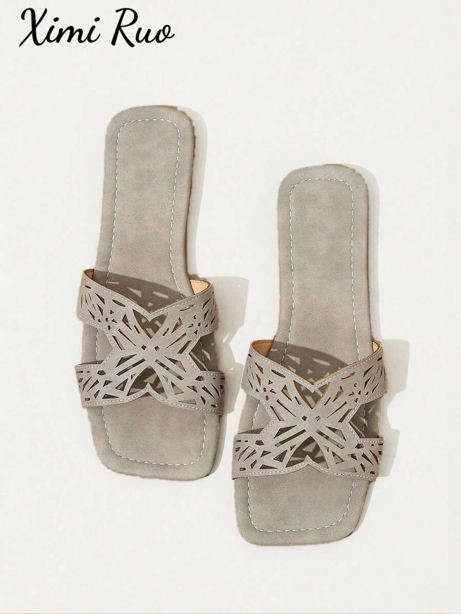 Ximi Ruo New Spring/Summer Fashion Casual Strap Slide Sandals, Comfortable Flat Heel Round Toe Slip-On Beach Slippers, Versatile Decorative Flat Sandals For Summer - Grey - View 1