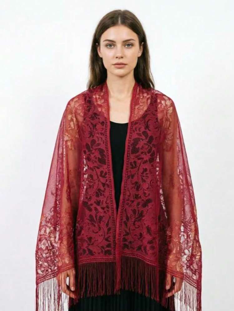 1 Paisley Pattern Elegant Polyester (Polyester) Spring/Summer Sun Protection Lace Long Scarf With Tassels, Elegant Vintage Hollow Out Cheongsam Shawl, All Season - Multicolor - View 11
