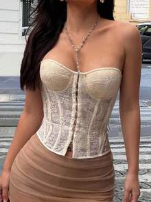Apperloth A Y2K 花卉刺繡束胸衣，半透網紗前襟、後背鉤扣繫帶露背式 Bustier，適合外出、萬聖節裝扮、夏季穿著 - 杏色 - 查看 9