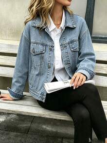 Classic Women's Denim Jacket Suitable For All Seasons. 100% Pure Cotton Vintage Washed Jacket. Loose Fit, Versatile And Casual Top - Light Denim Blue - View 4