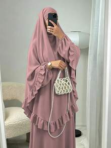 Elegant Ruffle Detail Khimari Long Robe Set, Loose Plus Size Full Length Modest Women's Clothing, Suitable For Middle Eastern Women's Daily Casual Occasions - Multicolor - View 4