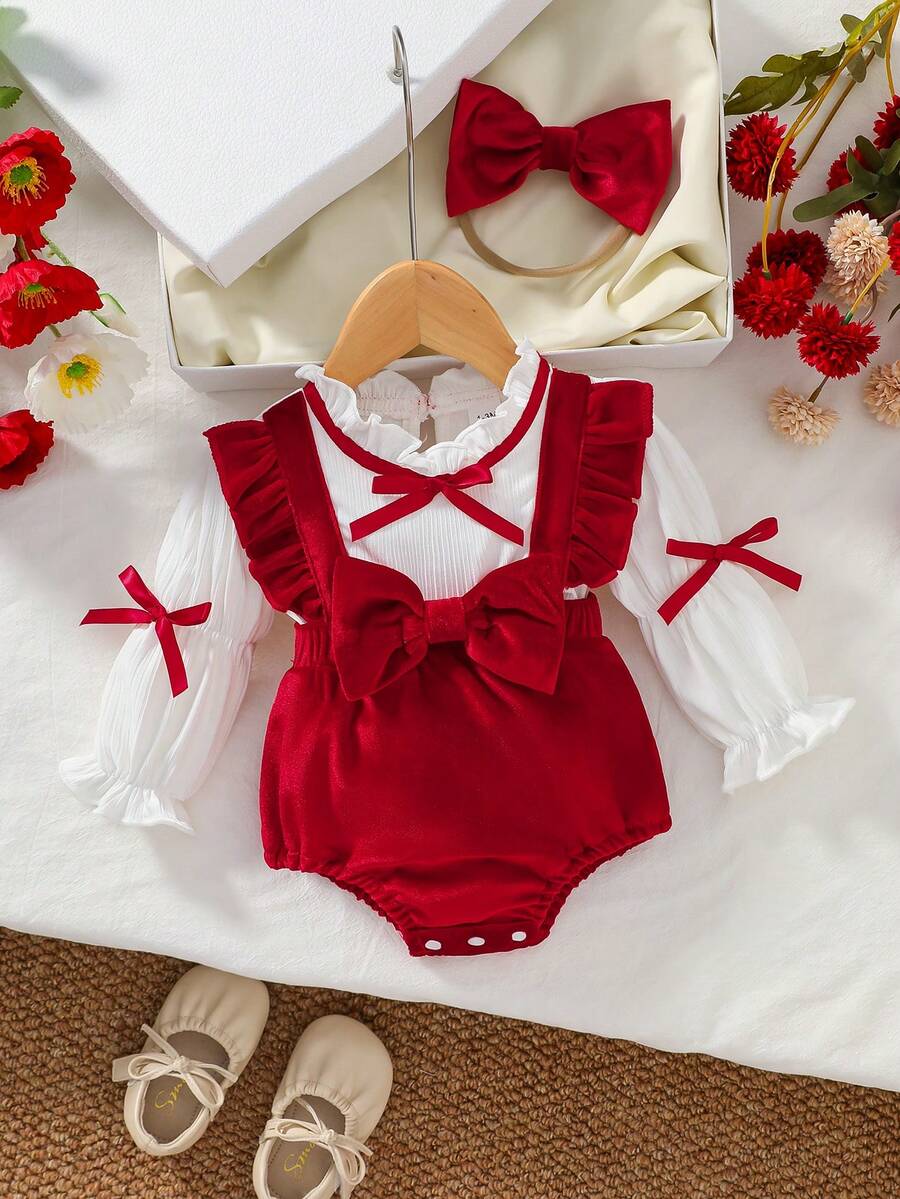 2pcs/Set Infant/Toddler Spring/Autumn Princess Style 3D Bow Velvet Patchwork Ruffle Long Sleeve Dress + Headband Set - Multicolor - View 1