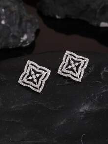 1 Pair Men's Square Zirconia Stud Earrings, Rhombus Zirconia Stud Earrings, Flower Stud Earrings, Geometric Hollow Double Layer Square Frame Starburst, Personalized Hip-Hop Street Style Earrings, Suitable For Back To School, Daily Wear And Holiday Jewelry - Diamond-shaped Earrings - View 7